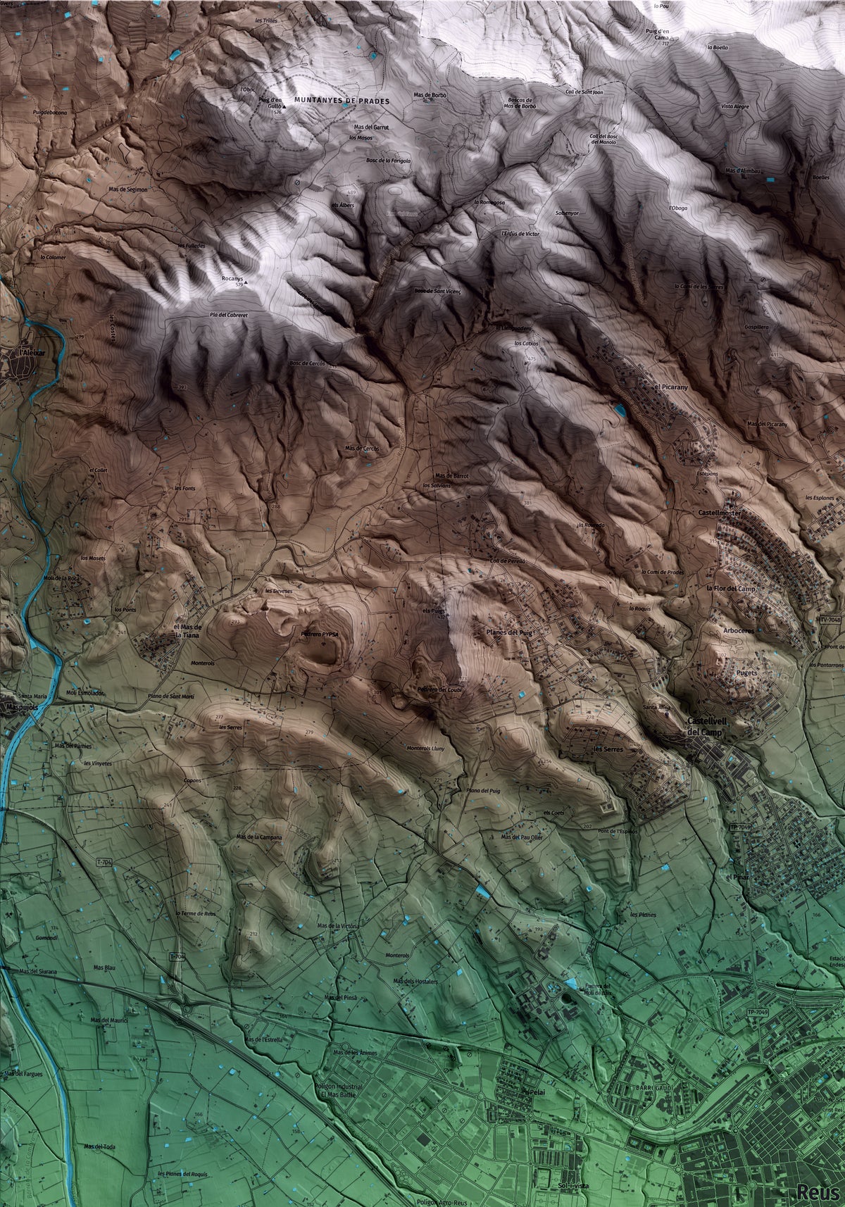 Mapa artístico del relieve de Reus, al Baix Camp, con 15 km de entorno y base topográfica ICGC. Detalle de la zona superior izquierda.