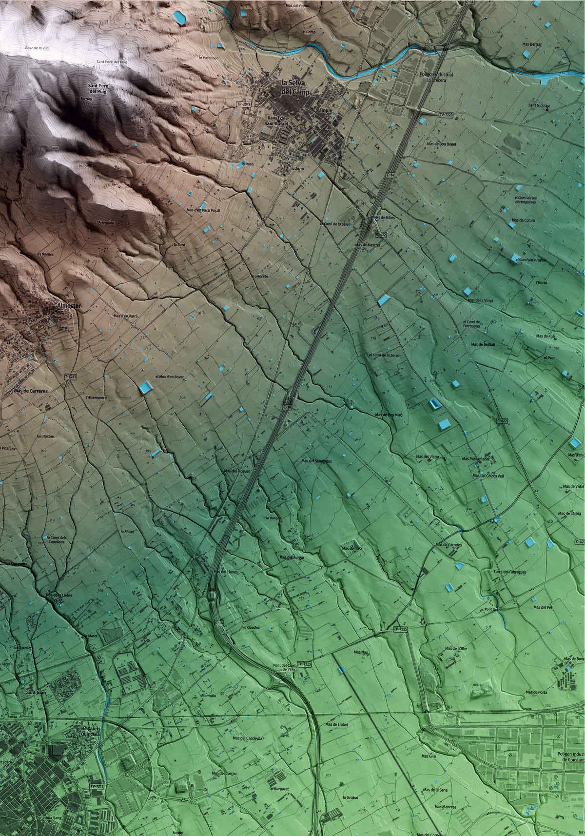 Mapa artístico del relieve de Reus, al Baix Camp, con 15 km de entorno y base topográfica ICGC. Detalle de la zona superior derecha.