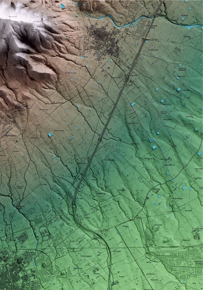 Mapa artístico del relieve de Reus, al Baix Camp, con 15 km de entorno y base topográfica ICGC. Detalle de la zona superior derecha.