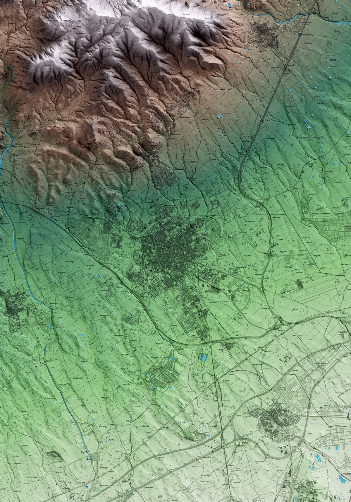 Mapa artístico del relieve de Reus, al Baix Camp, con 15 km de entorno y base topográfica ICGC