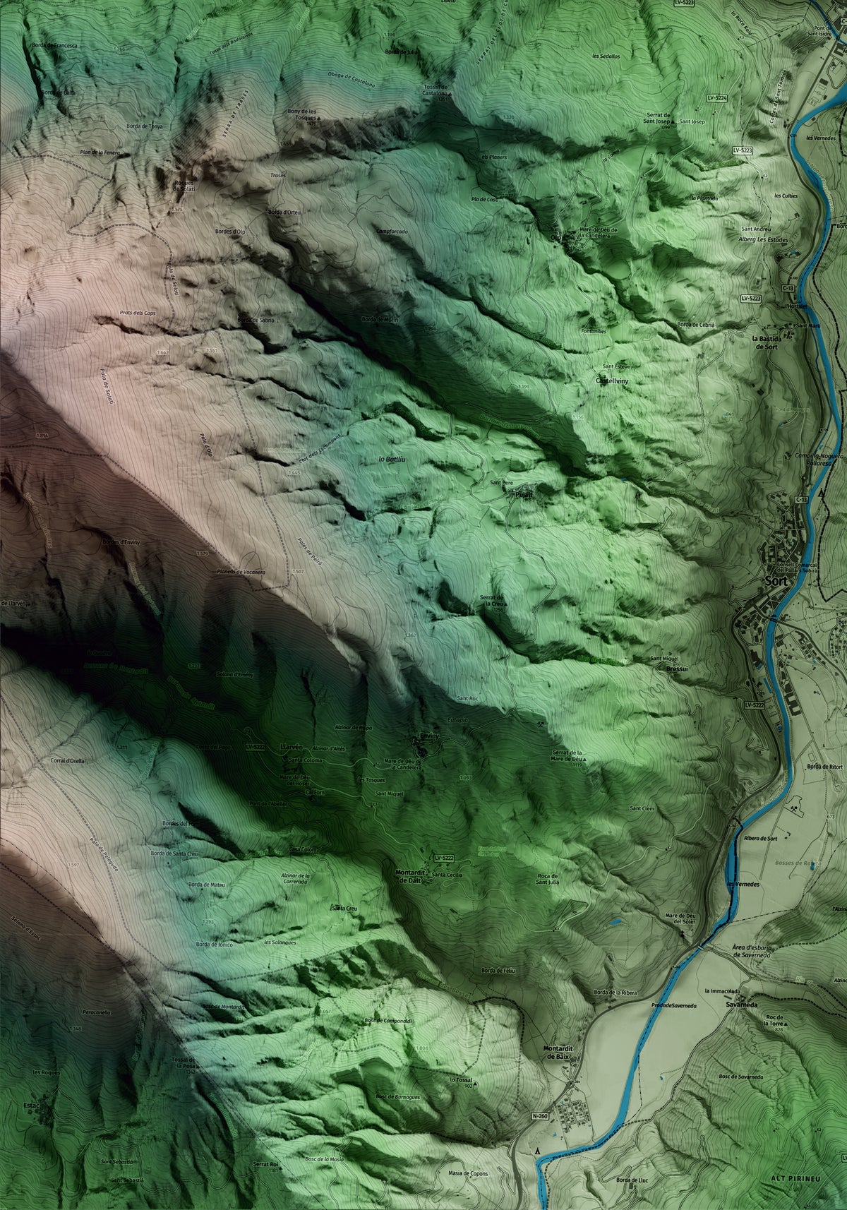 Mapa artístico del relieve de Rialp, al Pallars Sobirà, con 15 km de entorno y base topográfica ICGC. Detalle de la zona inferior izquierda.