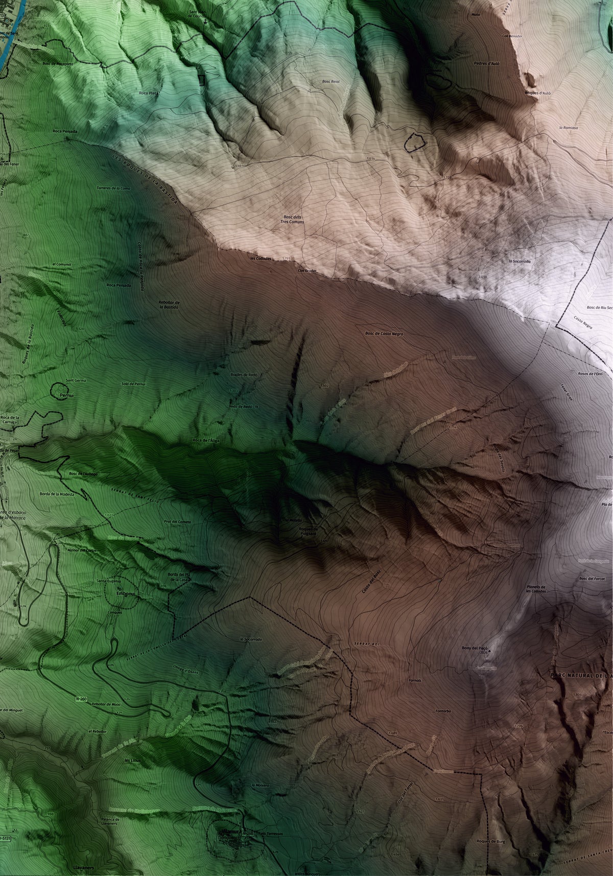 Mapa artístico del relieve de Rialp, al Pallars Sobirà, con 15 km de entorno y base topográfica ICGC. Detalle de la zona inferior derecha.