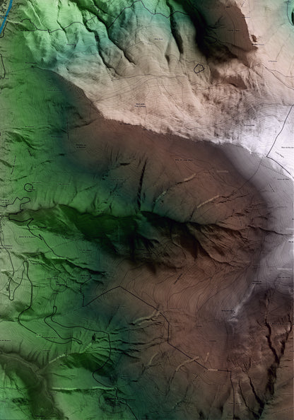 Mapa artístico del relieve de Rialp, al Pallars Sobirà, con 15 km de entorno y base topográfica ICGC. Detalle de la zona inferior derecha.