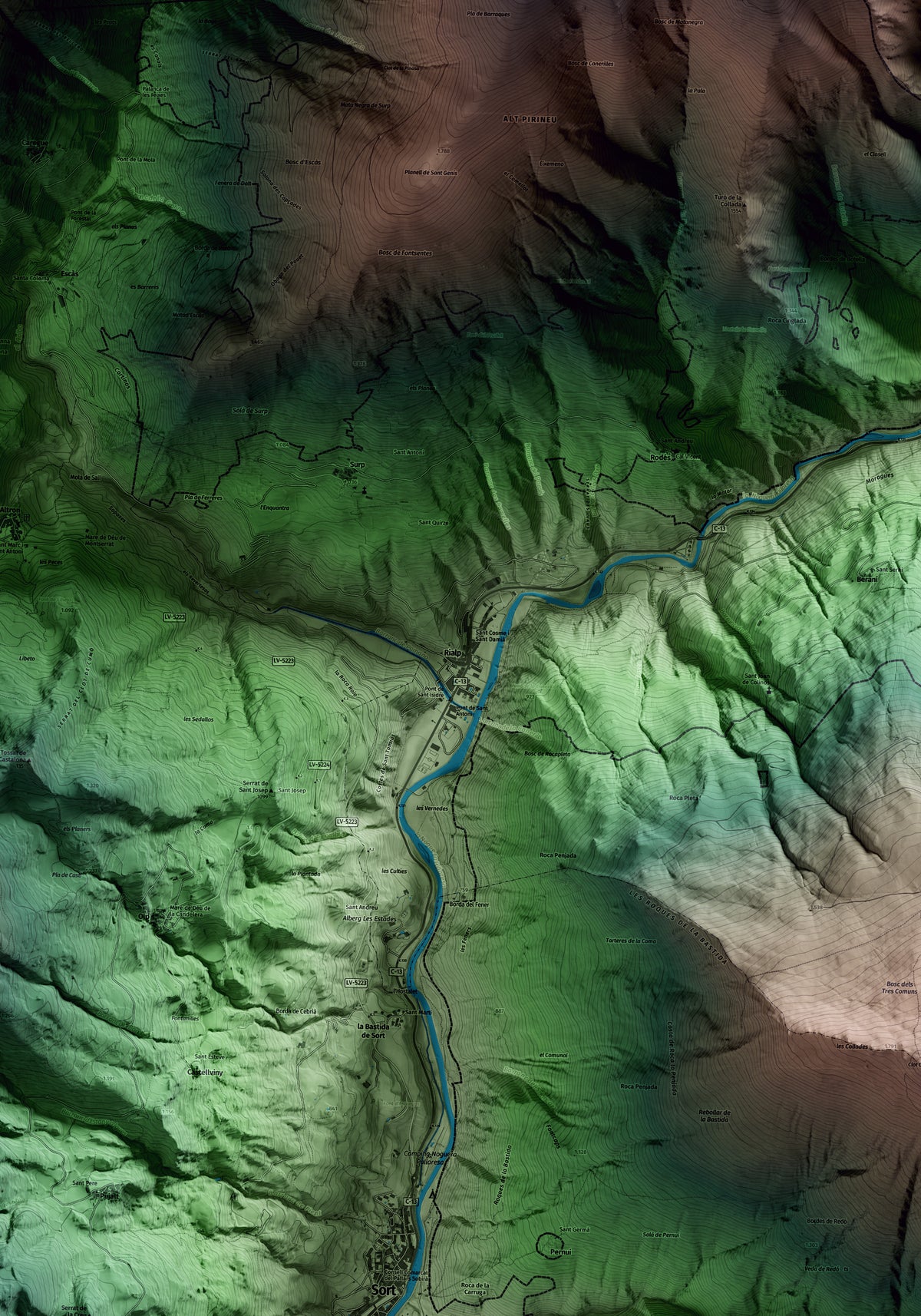 Mapa artístico del relieve de Rialp, al Pallars Sobirà, con 15 km de entorno y base topográfica ICGC. Detalle de la zona central.
