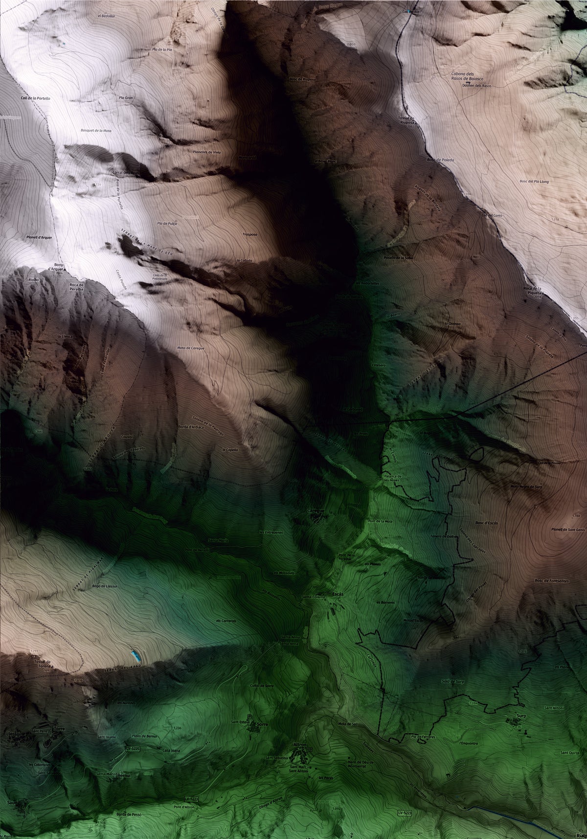 Mapa artístico del relieve de Rialp, al Pallars Sobirà, con 15 km de entorno y base topográfica ICGC. Detalle de la zona superior izquierda.