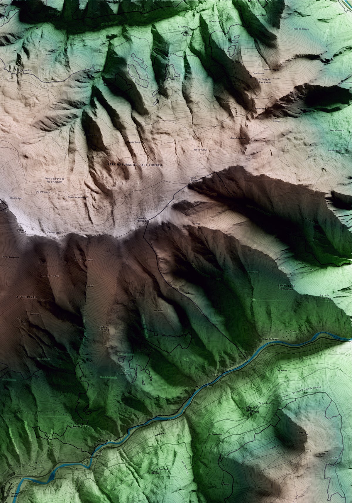 Mapa artístico del relieve de Rialp, al Pallars Sobirà, con 15 km de entorno y base topográfica ICGC. Detalle de la zona superior derecha.