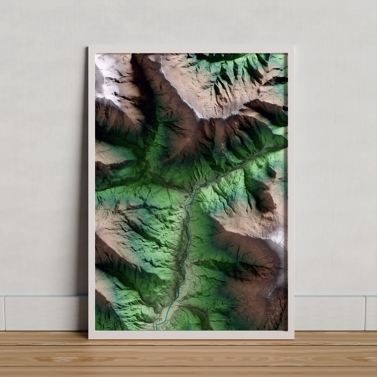 Mapa artístico del relieve de Rialp, al Pallars Sobirà, con 15 km de entorno y base topográfica ICGC. Presentación enmarcada.