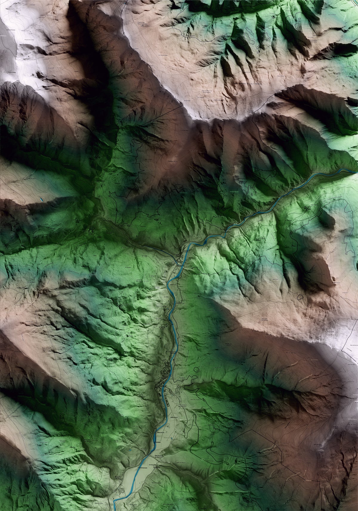 Mapa artístico del relieve de Rialp, al Pallars Sobirà, con 15 km de entorno y base topográfica ICGC