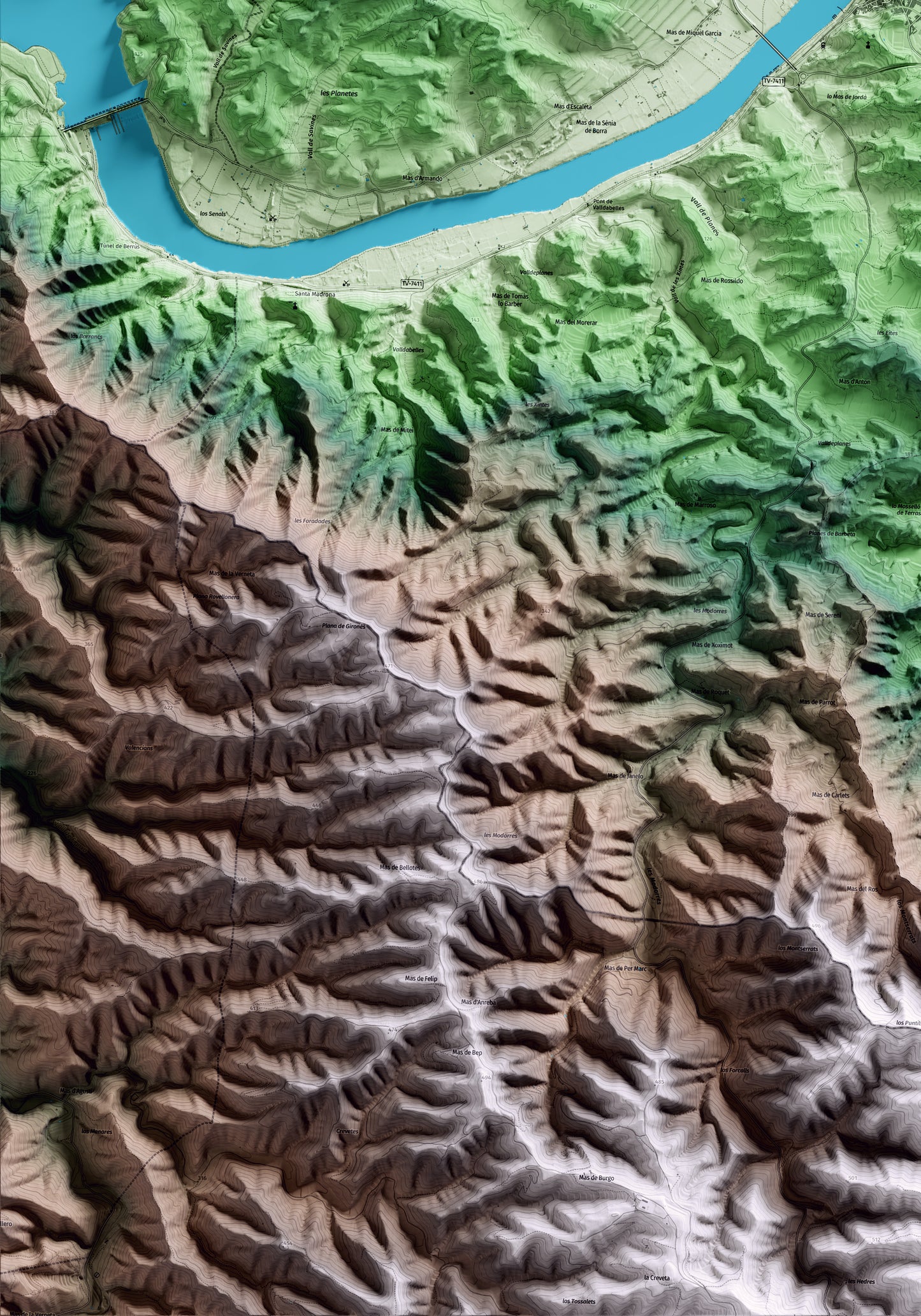 Mapa artístico del relieve de Riba-roja d'Ebre, a la Ribera de Ebro, con 15 km de entorno y base topográfica ICGC. Detalle de la zona inferior izquierda.