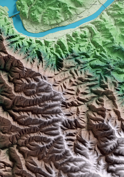 Mapa artístico del relieve de Riba-roja d'Ebre, a la Ribera de Ebro, con 15 km de entorno y base topográfica ICGC. Detalle de la zona inferior izquierda.