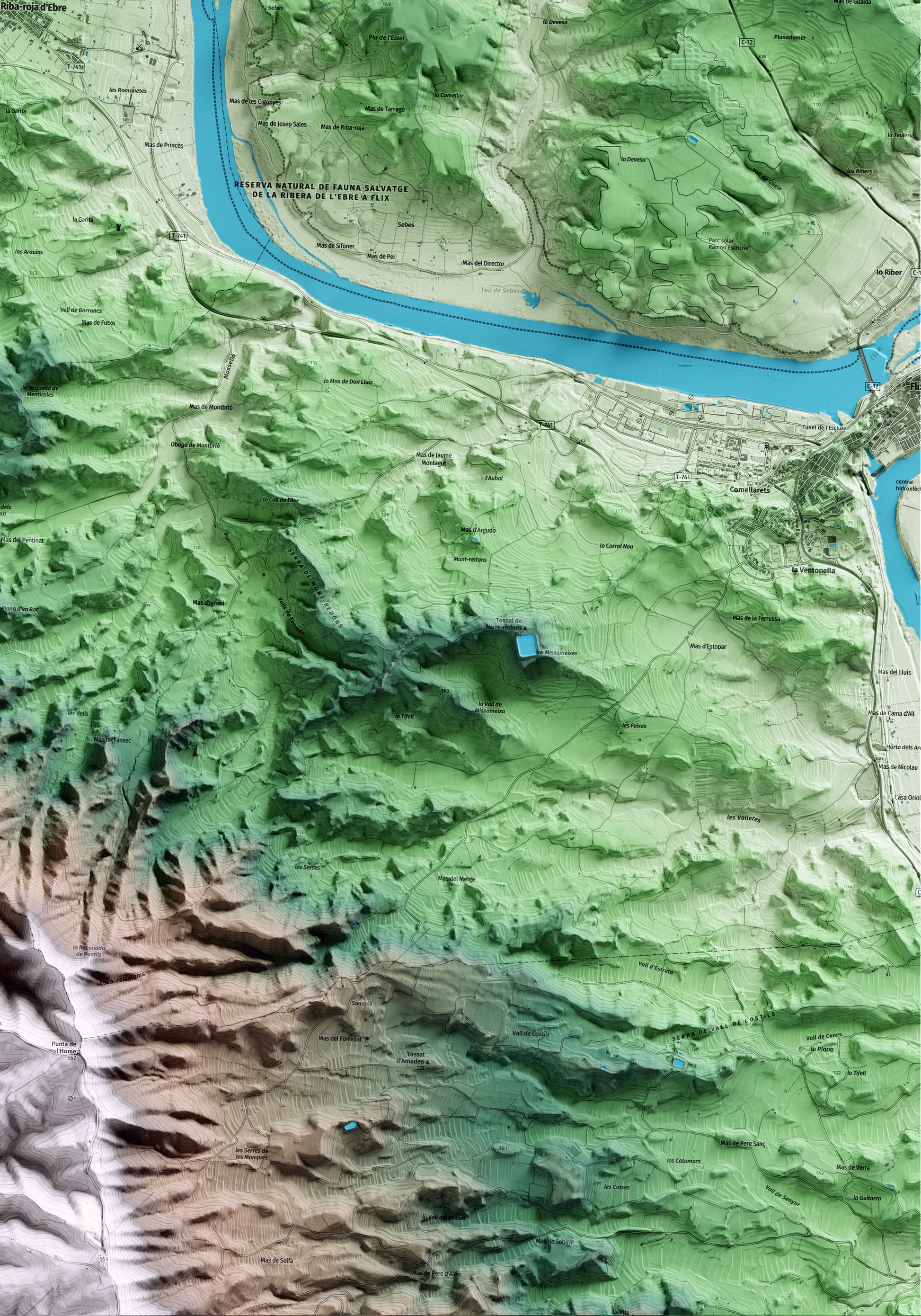 Mapa artístico del relieve de Riba-roja d'Ebre, a la Ribera de Ebro, con 15 km de entorno y base topográfica ICGC. Detalle de la zona inferior derecha.