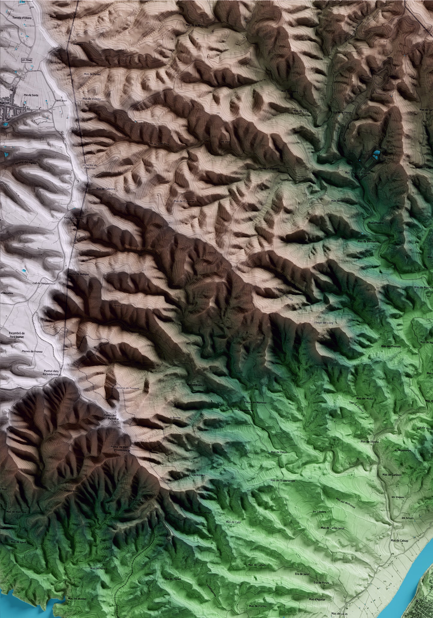 Mapa artístico del relieve de Riba-roja d'Ebre, a la Ribera de Ebro, con 15 km de entorno y base topográfica ICGC. Detalle de la zona superior izquierda.