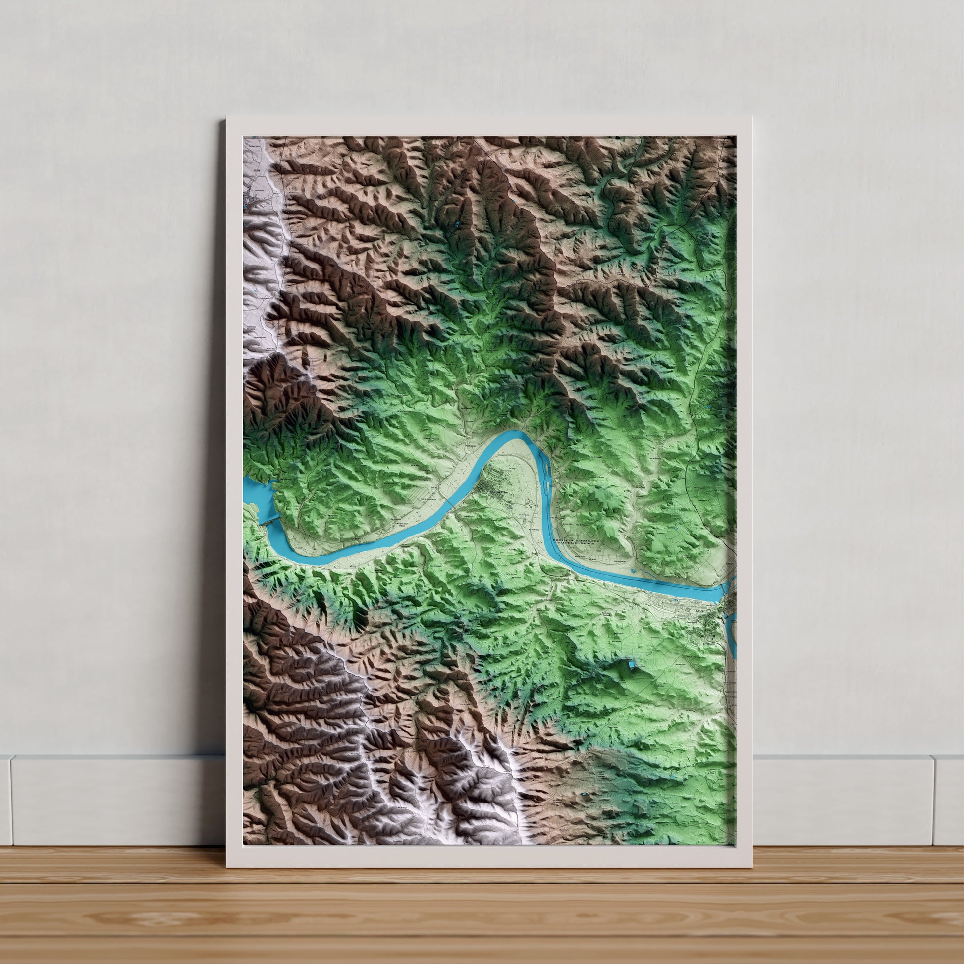 Mapa artístico del relieve de Riba-roja d'Ebre, a la Ribera de Ebro, con 15 km de entorno y base topográfica ICGC. Presentación enmarcada.