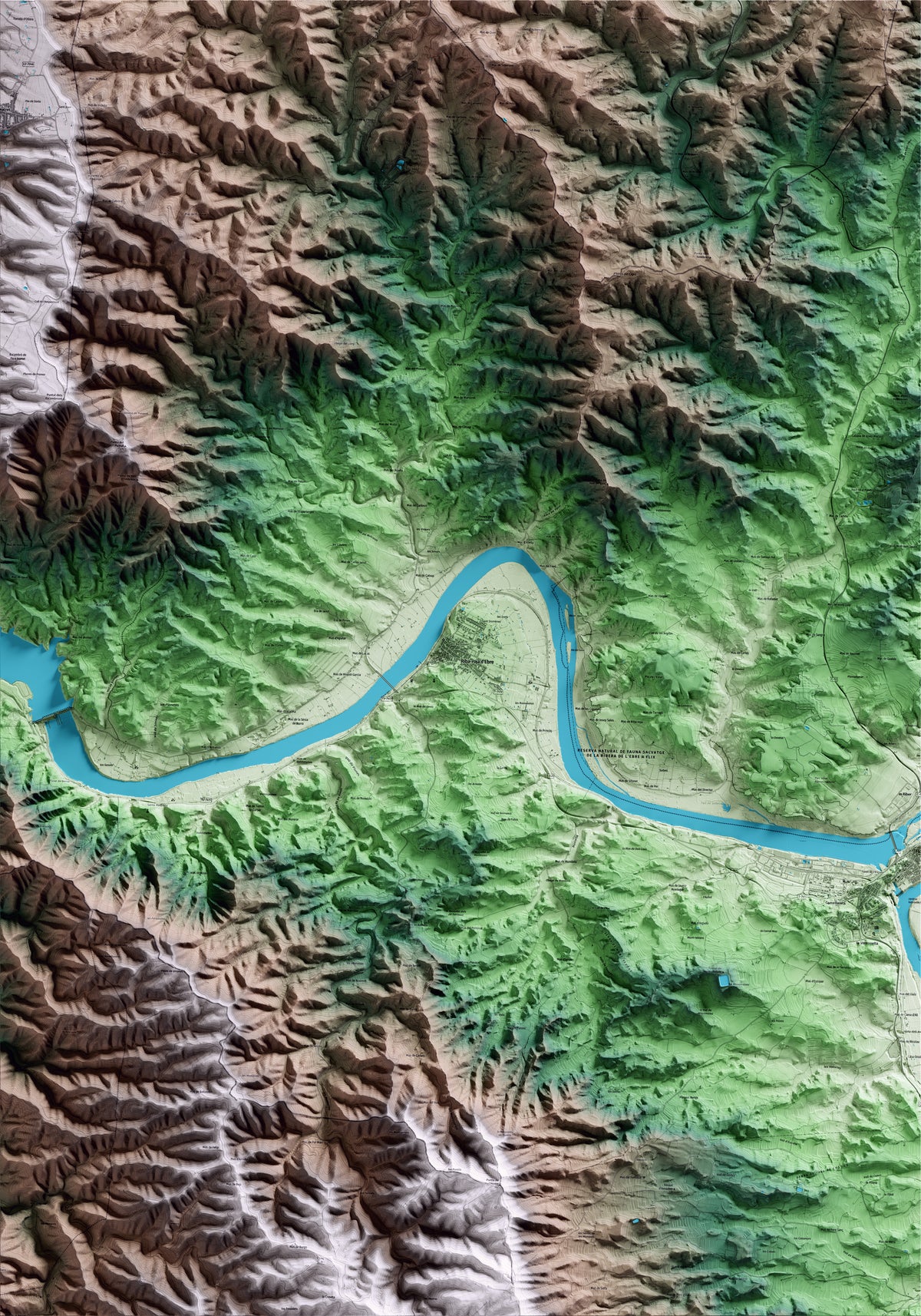 Mapa artístico del relieve de Riba-roja d'Ebre, a la Ribera de Ebro, con 15 km de entorno y base topográfica ICGC