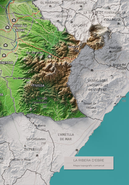 Mapa de relieve de la Ribera d’Ebre, con el territorio en color y el entorno en blanco. Detalle de la zona inferior derecha. 21 × 30 cm. Estilo Clásico.