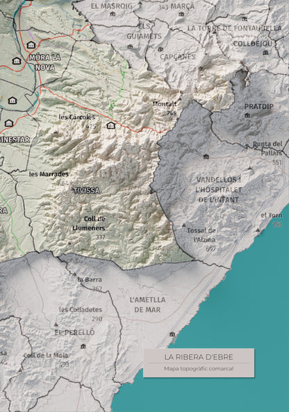 Mapa de relieve de la Ribera d’Ebre, con el territorio en color y el entorno en blanco. Detalle de la zona inferior derecha. 21 × 30 cm. Estilo Cartográfico.