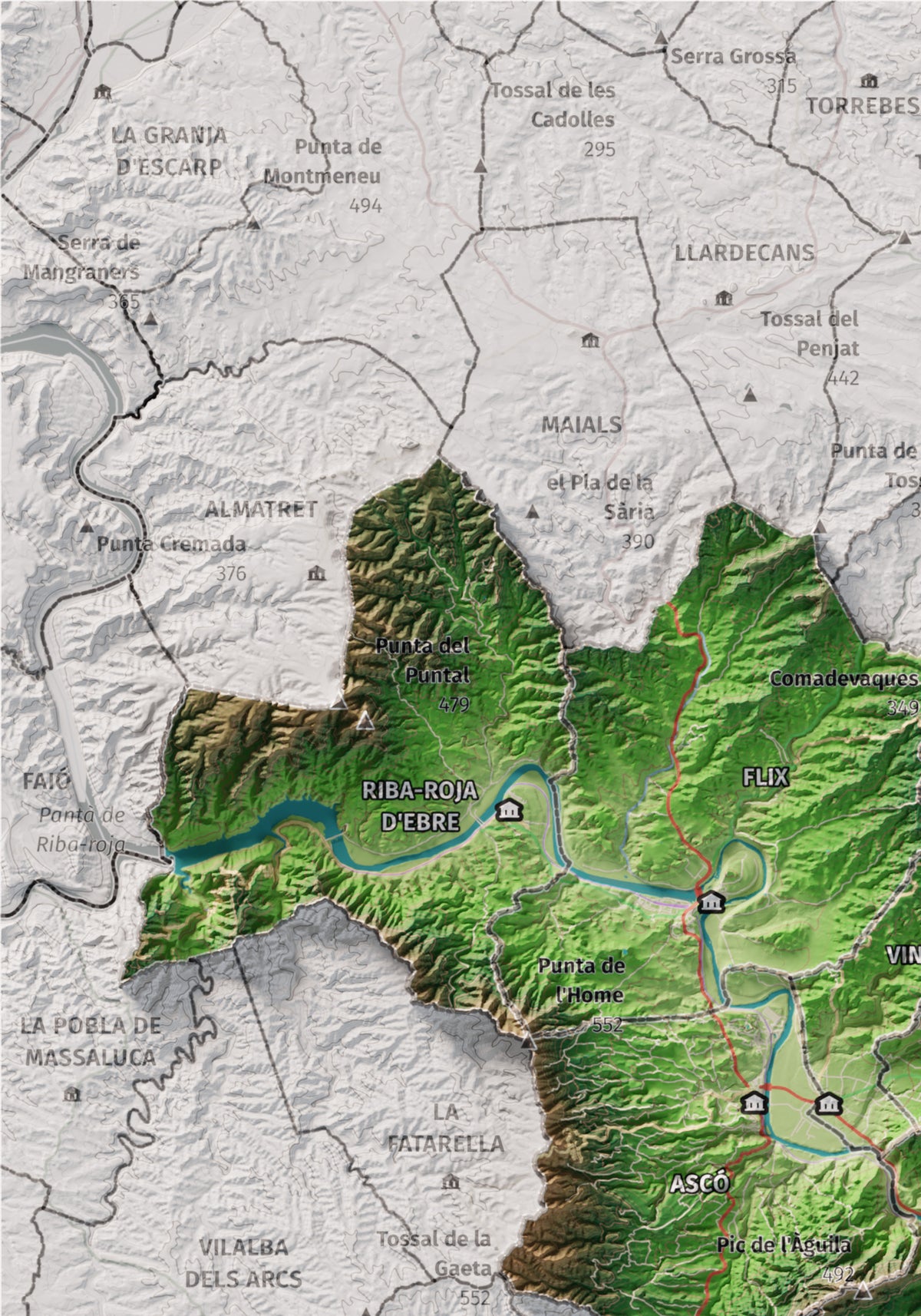 Mapa de relieve de la Ribera d’Ebre, con el territorio en color y el entorno en blanco. Detalle de la zona superior izquierda. 21 × 30 cm. Estilo Clásico.