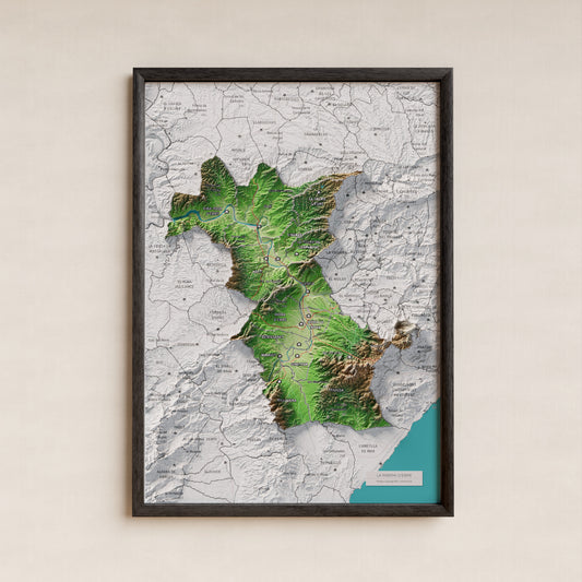 Mapa de relieve de la Ribera d’Ebre, con el territorio en color y el entorno en blanco. Presentación con marco. 21 × 30 cm. Estilo Clásico.