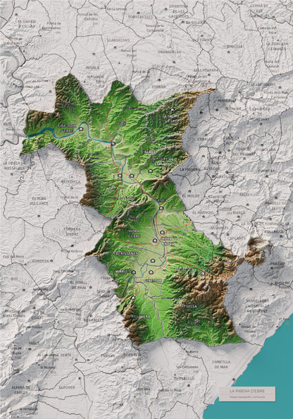 Mapa de relieve de la Ribera d’Ebre, con el territorio en color y el entorno en blanco. Vista completa de la lámina. 21 × 30 cm. Estilo Clásico.