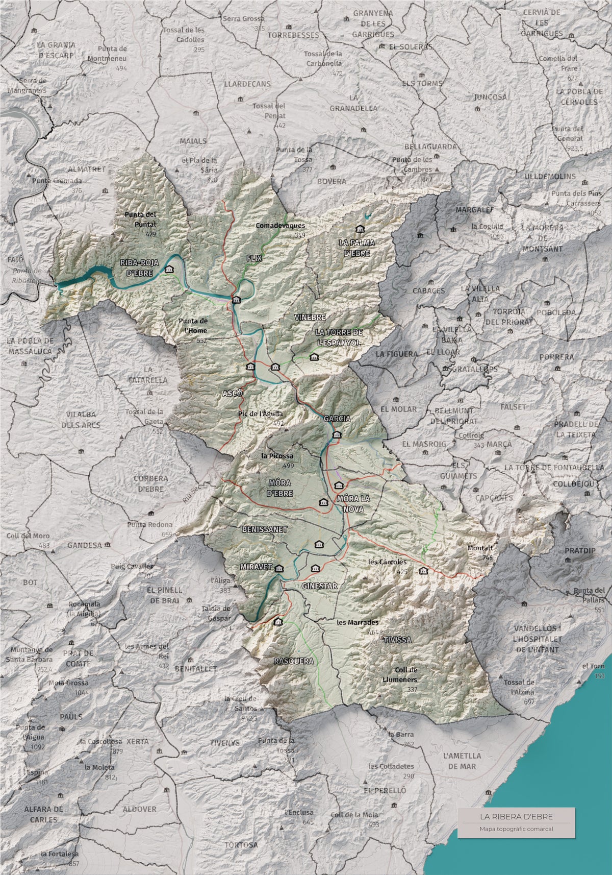 Mapa de relieve de la Ribera d’Ebre, con el territorio en color y el entorno en blanco. Vista completa de la lámina. 21 × 30 cm. Estilo Cartográfico.