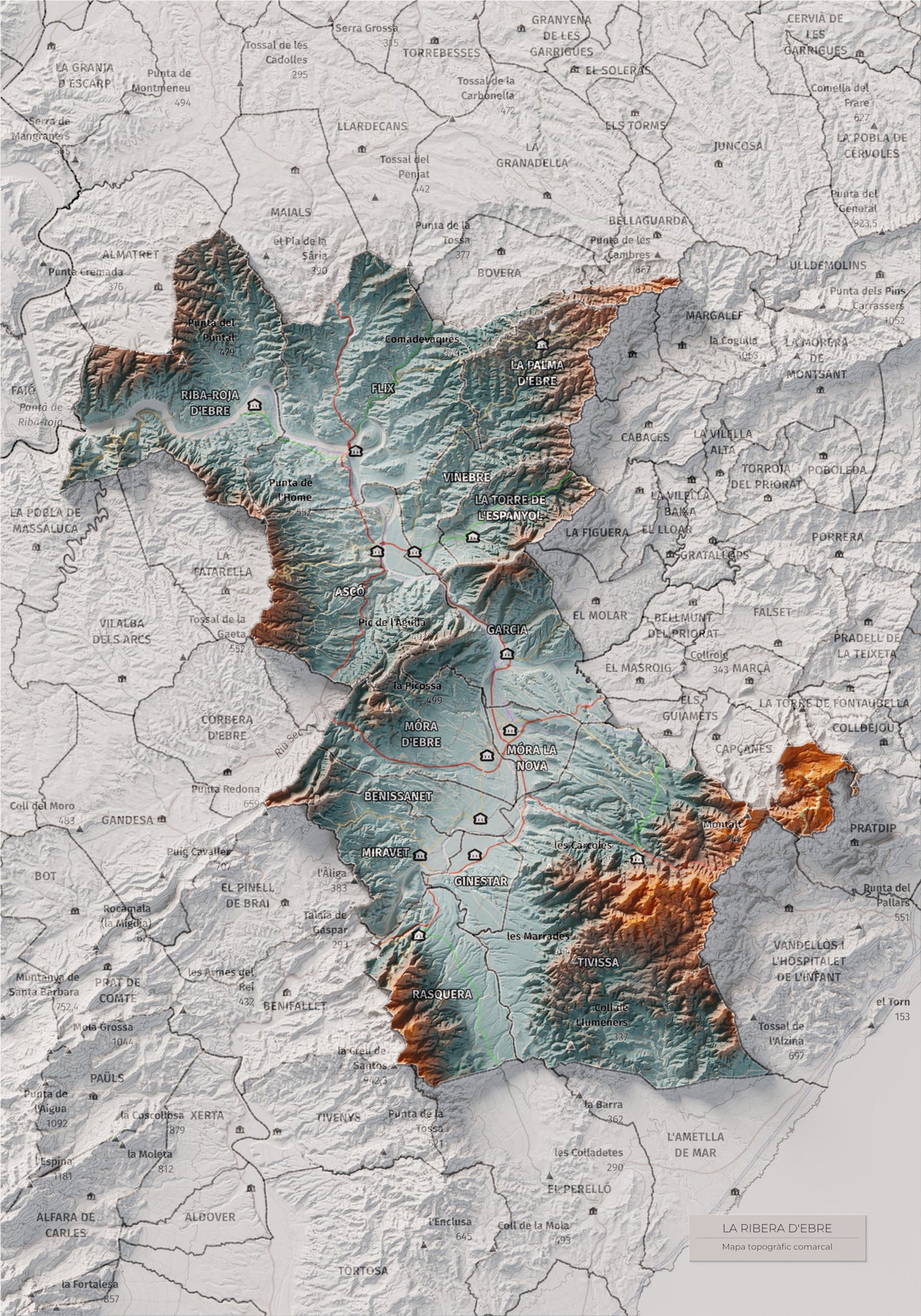 Mapa de relieve de la Ribera d’Ebre, con el territorio en color y el entorno en blanco. Vista completa de la lámina. 21 × 30 cm. Estilo Azul y naranja.