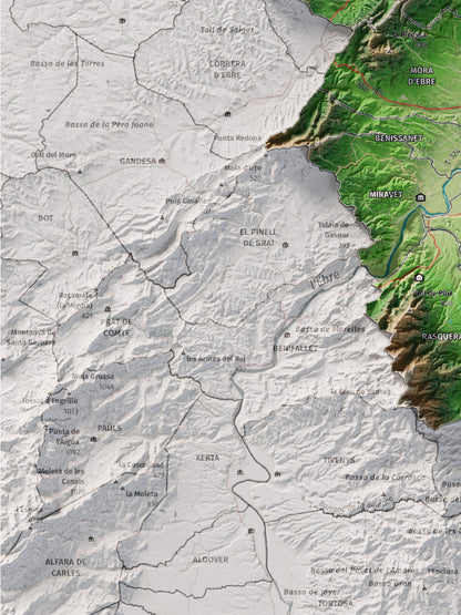 Mapa de relieve de la Ribera d’Ebre, con el territorio en color y el entorno en blanco. Detalle de la zona inferior izquierda. 30 × 40 cm. Estilo Clásico.