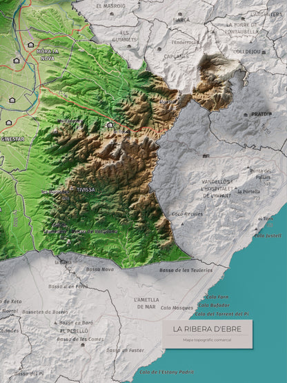 Mapa de relieve de la Ribera d’Ebre, con el territorio en color y el entorno en blanco. Detalle de la zona inferior derecha. 30 × 40 cm. Estilo Clásico.