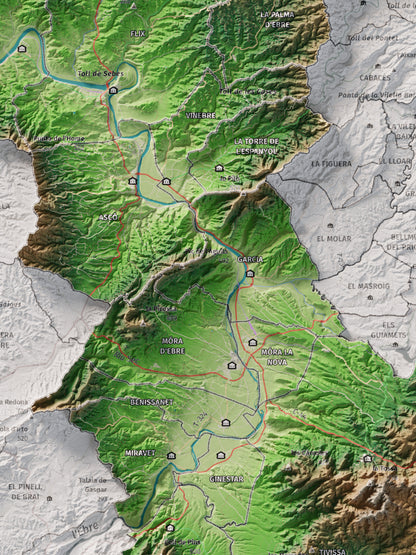 Mapa de relieve de la Ribera d’Ebre, con el territorio en color y el entorno en blanco. Detalle de la zona central. 30 × 40 cm. Estilo Clásico.