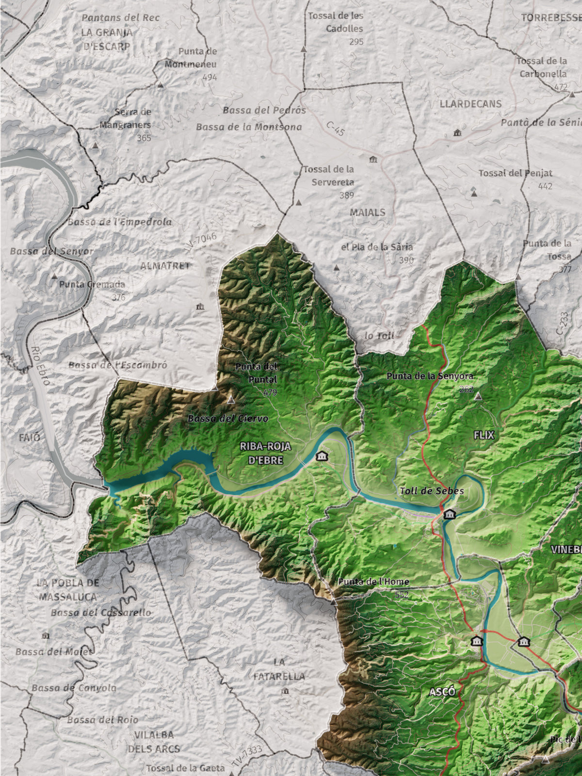 Mapa de relieve de la Ribera d’Ebre, con el territorio en color y el entorno en blanco. Detalle de la zona superior izquierda. 30 × 40 cm. Estilo Clásico.