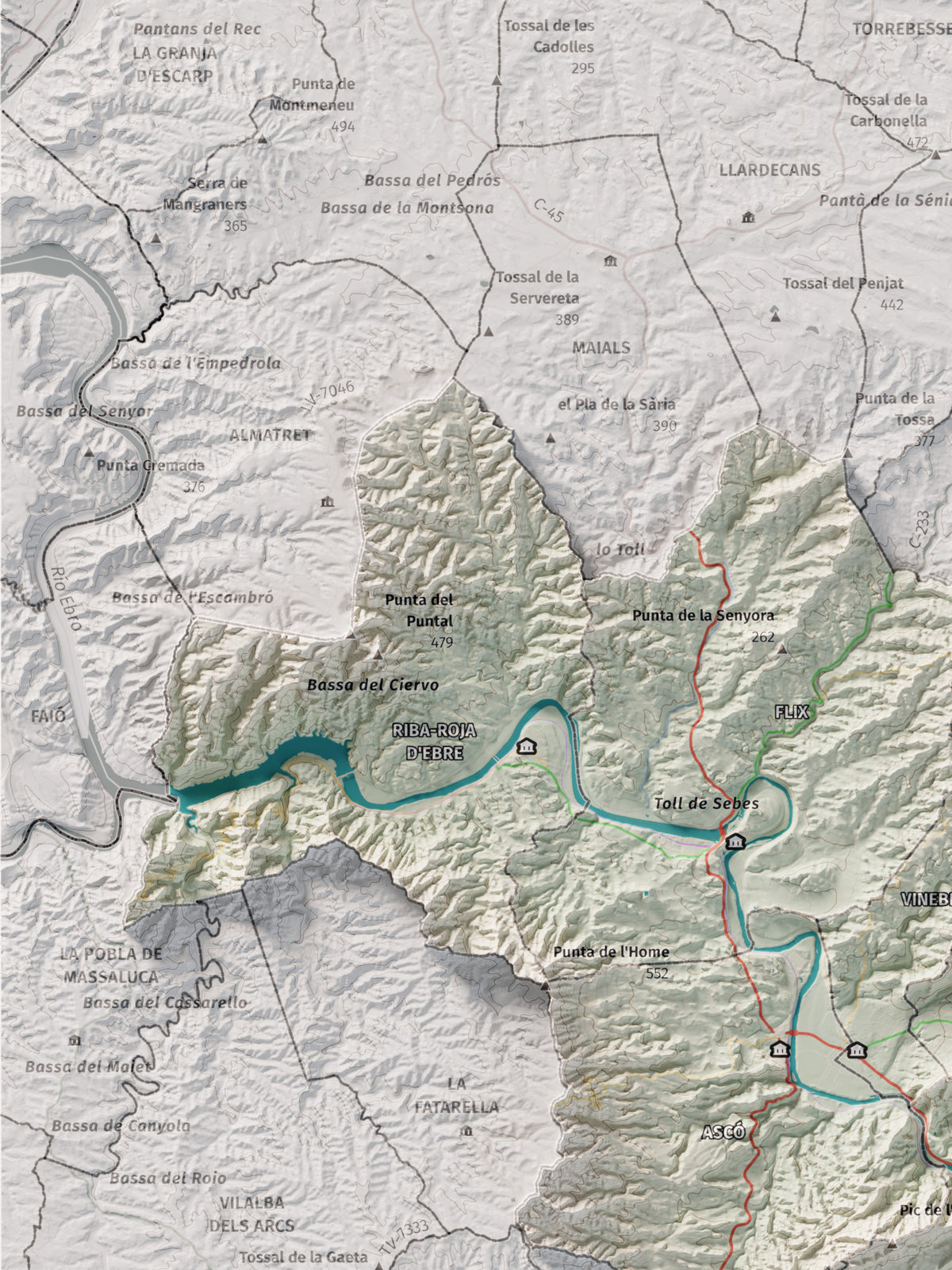 Mapa de relieve de la Ribera d’Ebre, con el territorio en color y el entorno en blanco. Detalle de la zona superior izquierda. 30 × 40 cm. Estilo Cartográfico.