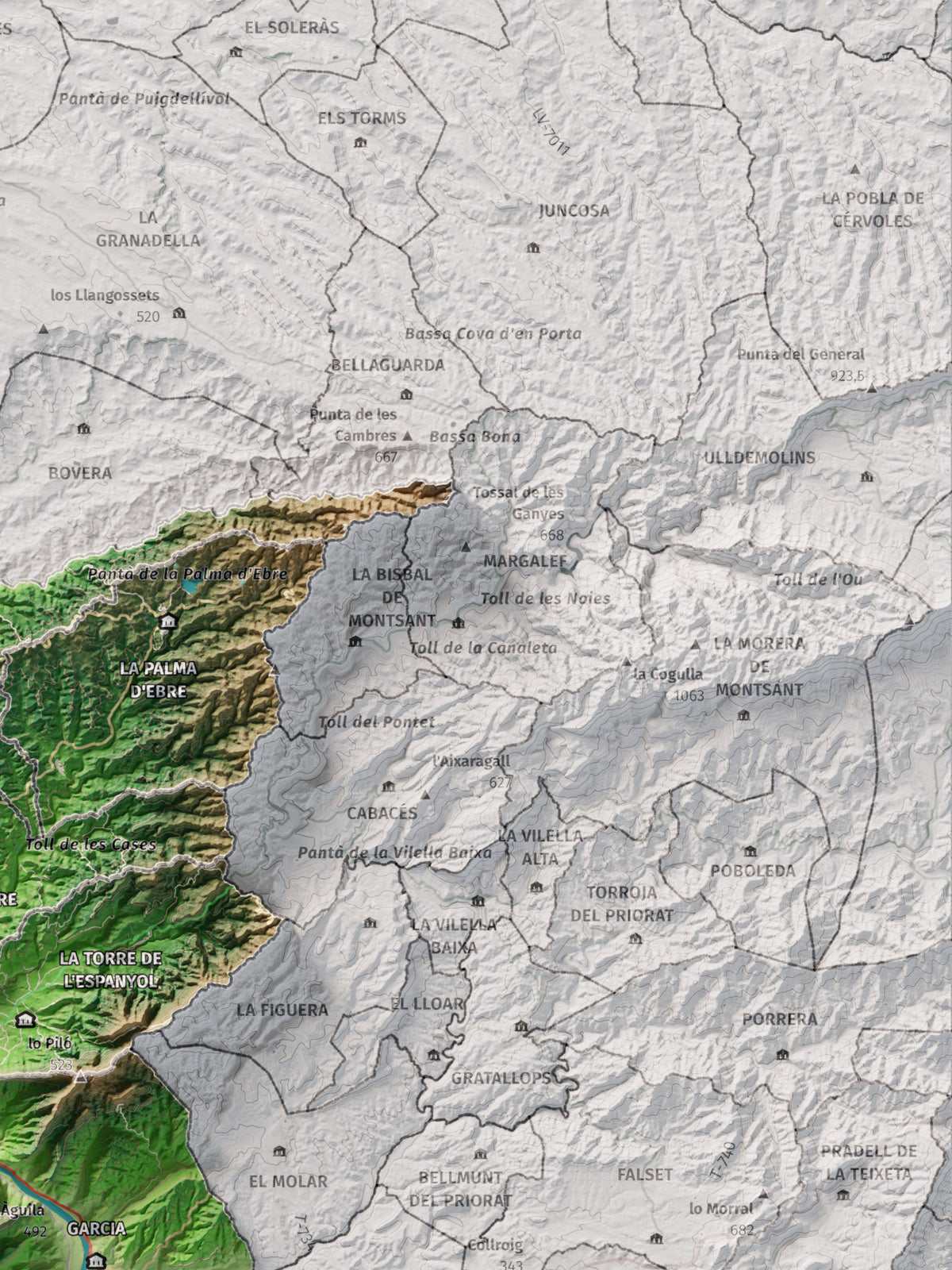 Mapa de relieve de la Ribera d’Ebre, con el territorio en color y el entorno en blanco. Detalle de la zona superior derecha. 30 × 40 cm. Estilo Clásico.