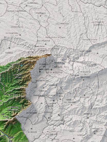 Mapa de relieve de la Ribera d’Ebre, con el territorio en color y el entorno en blanco. Detalle de la zona superior derecha. 30 × 40 cm. Estilo Clásico.
