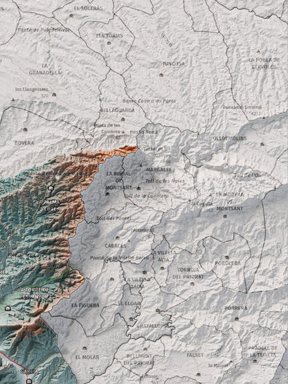 Mapa de relieve de la Ribera d’Ebre, con el territorio en color y el entorno en blanco. Detalle de la zona superior derecha. 30 × 40 cm. Estilo Azul y naranja.