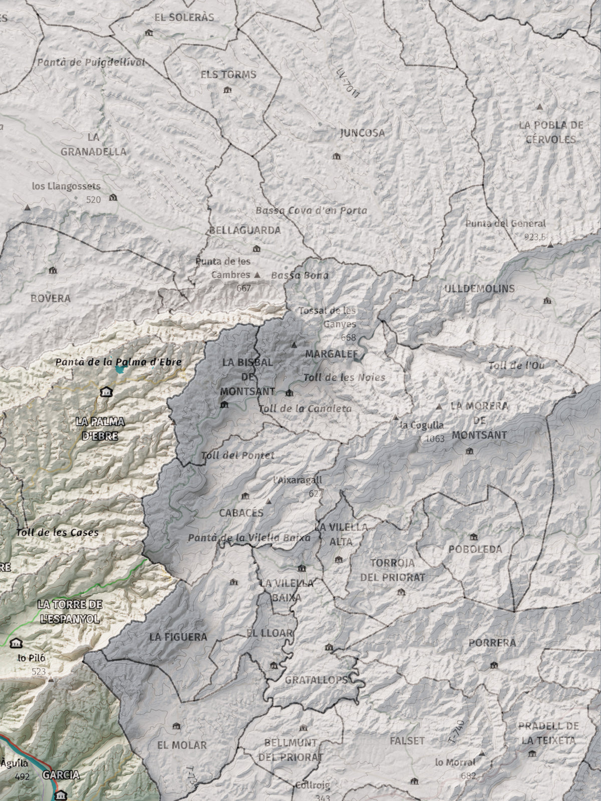 Mapa de relieve de la Ribera d’Ebre, con el territorio en color y el entorno en blanco. Detalle de la zona superior derecha. 30 × 40 cm. Estilo Cartográfico.