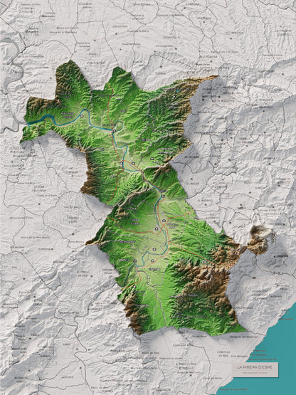 Mapa de relieve de la Ribera d’Ebre, con el territorio en color y el entorno en blanco. Vista completa de la lámina. 30 × 40 cm. Estilo Clásico.