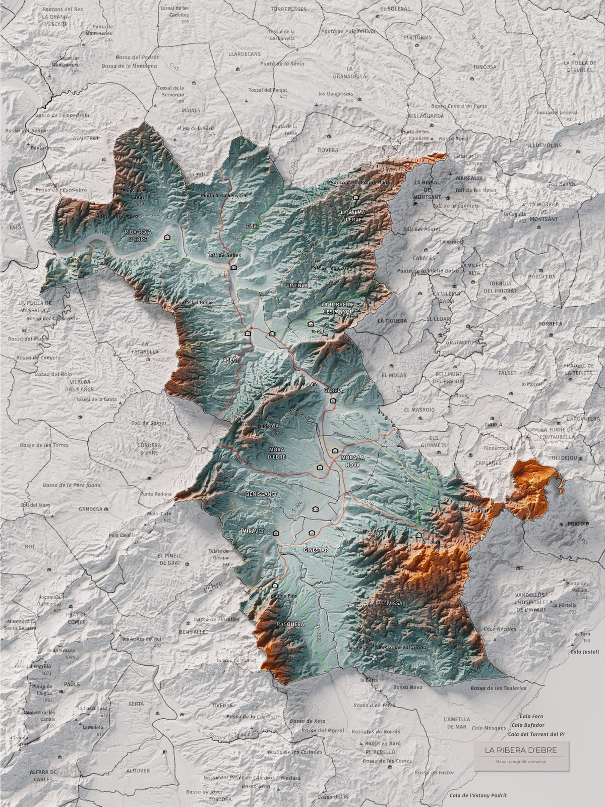 Mapa de relieve de la Ribera d’Ebre, con el territorio en color y el entorno en blanco. Vista completa de la lámina. 30 × 40 cm. Estilo Azul y naranja.