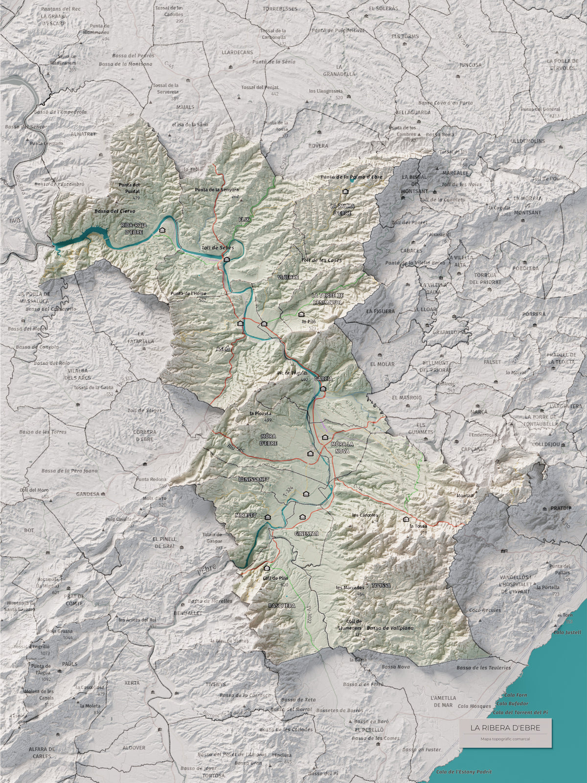 Mapa de relieve de la Ribera d’Ebre, con el territorio en color y el entorno en blanco. Vista completa de la lámina. 30 × 40 cm. Estilo Cartográfico.