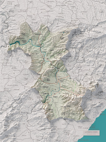 Mapa de relieve de la Ribera d’Ebre, con el territorio en color y el entorno en blanco. Vista completa de la lámina. 30 × 40 cm. Estilo Cartográfico.