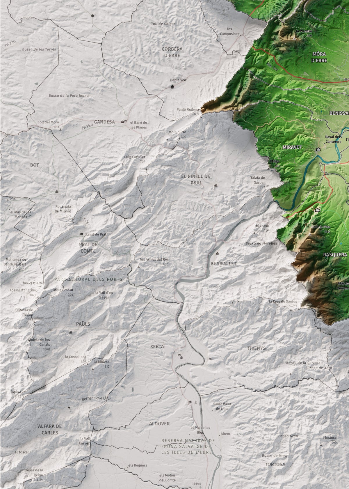 Mapa de relieve de la Ribera d’Ebre, con el territorio en color y el entorno en blanco. Detalle de la zona inferior izquierda. 50 × 70 cm. Estilo Clásico.
