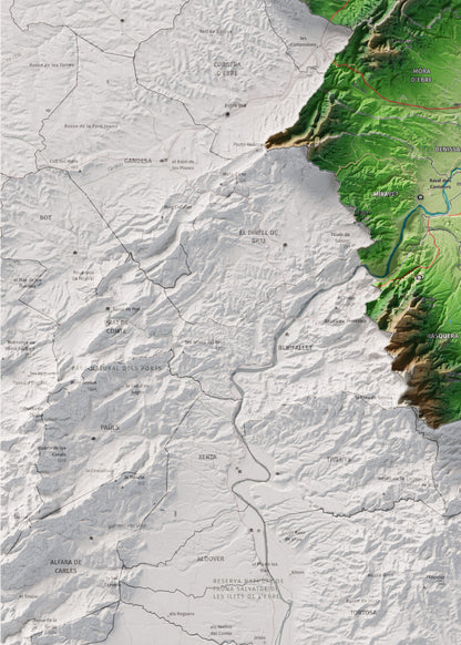Mapa de relieve de la Ribera d’Ebre, con el territorio en color y el entorno en blanco. Detalle de la zona inferior izquierda. 50 × 70 cm. Estilo Clásico.