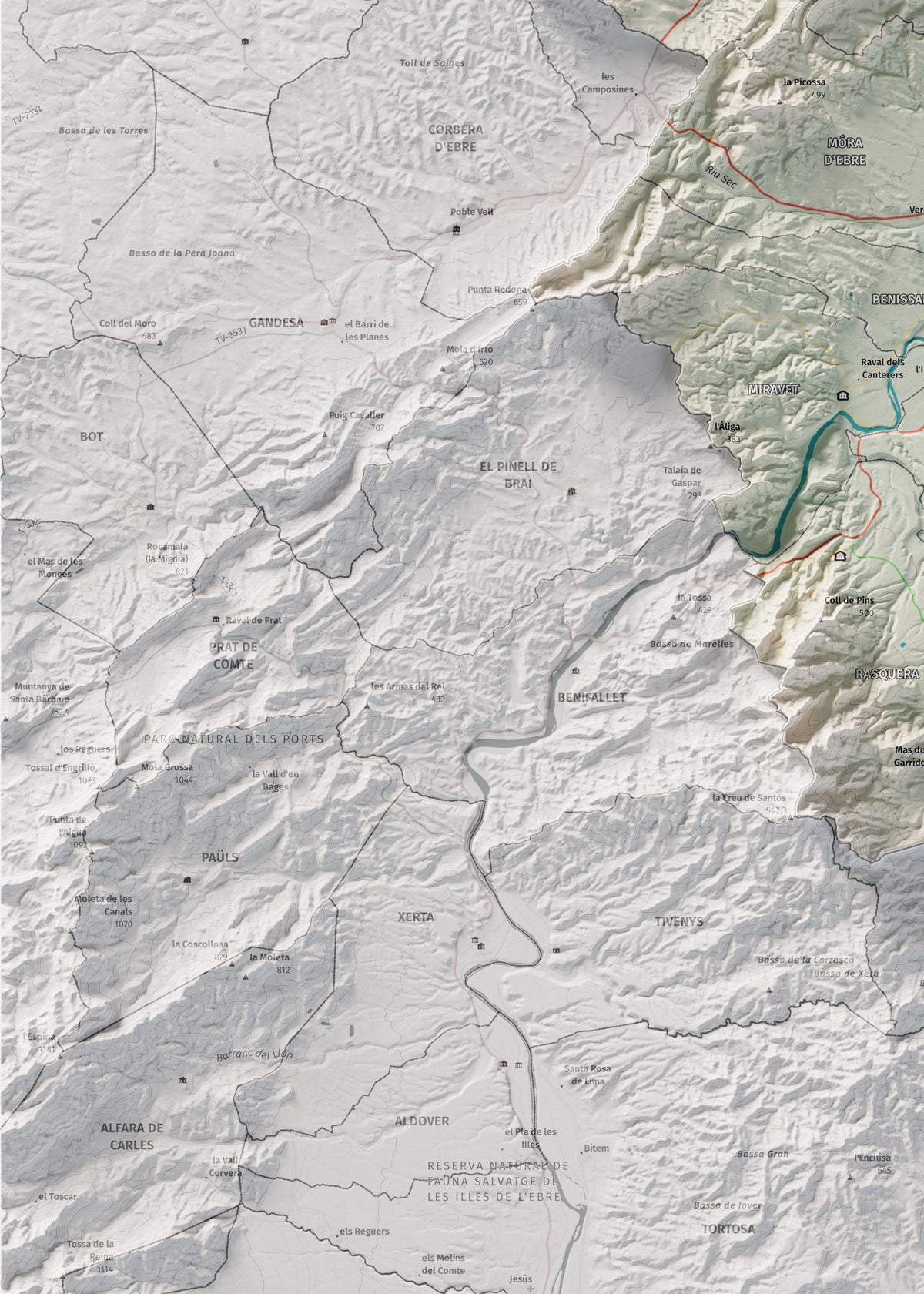 Mapa de relieve de la Ribera d’Ebre, con el territorio en color y el entorno en blanco. Detalle de la zona inferior izquierda. 50 × 70 cm. Estilo Cartográfico.