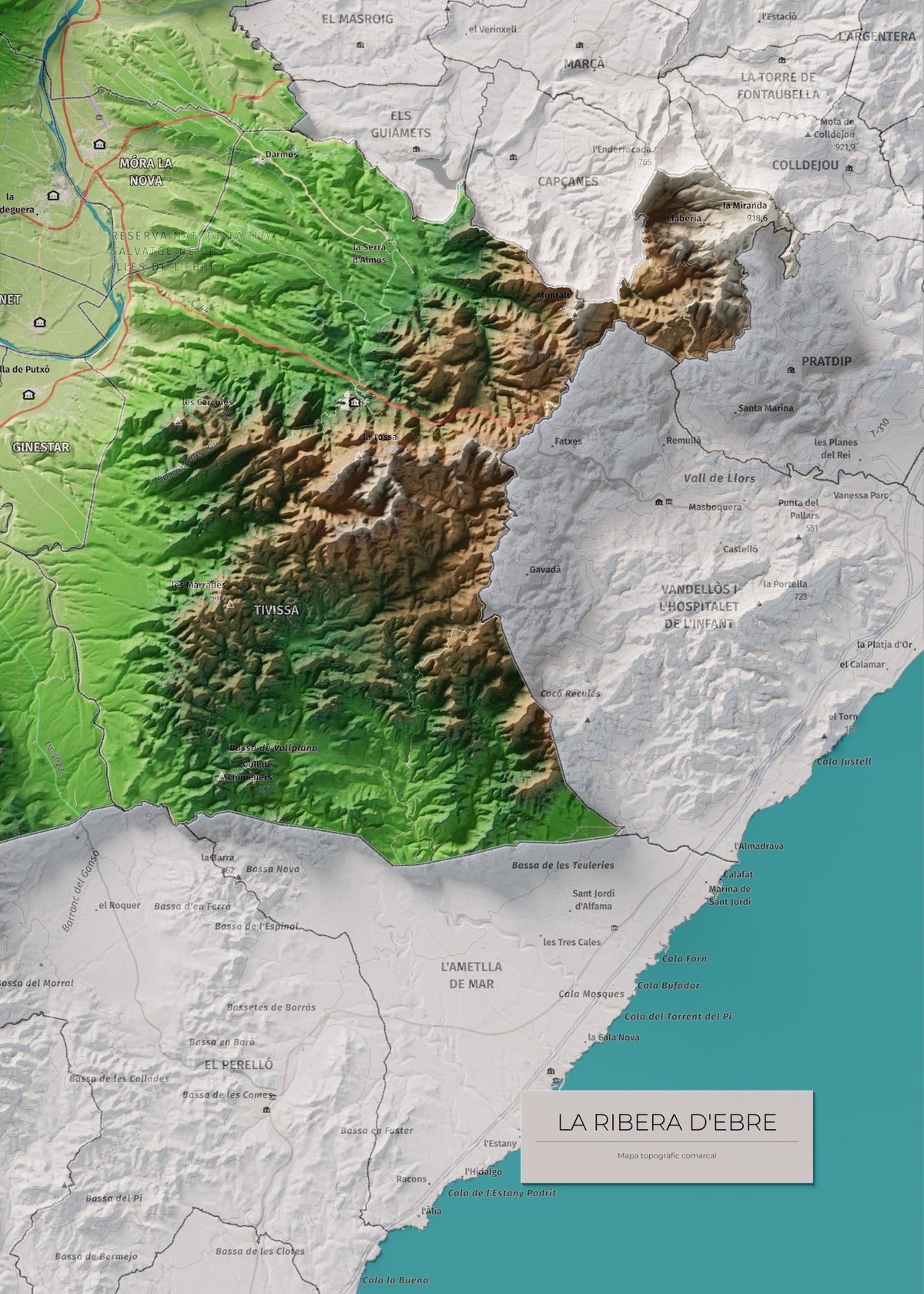 Mapa de relieve de la Ribera d’Ebre, con el territorio en color y el entorno en blanco. Detalle de la zona inferior derecha. 50 × 70 cm. Estilo Clásico.