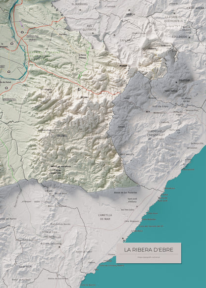 Mapa de relieve de la Ribera d’Ebre, con el territorio en color y el entorno en blanco. Detalle de la zona inferior derecha. 50 × 70 cm. Estilo Cartográfico.