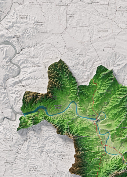 Mapa de relieve de la Ribera d’Ebre, con el territorio en color y el entorno en blanco. Detalle de la zona superior izquierda. 50 × 70 cm. Estilo Clásico.