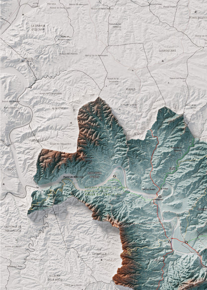 Mapa de relieve de la Ribera d’Ebre, con el territorio en color y el entorno en blanco. Detalle de la zona superior izquierda. 50 × 70 cm. Estilo Azul y naranja.
