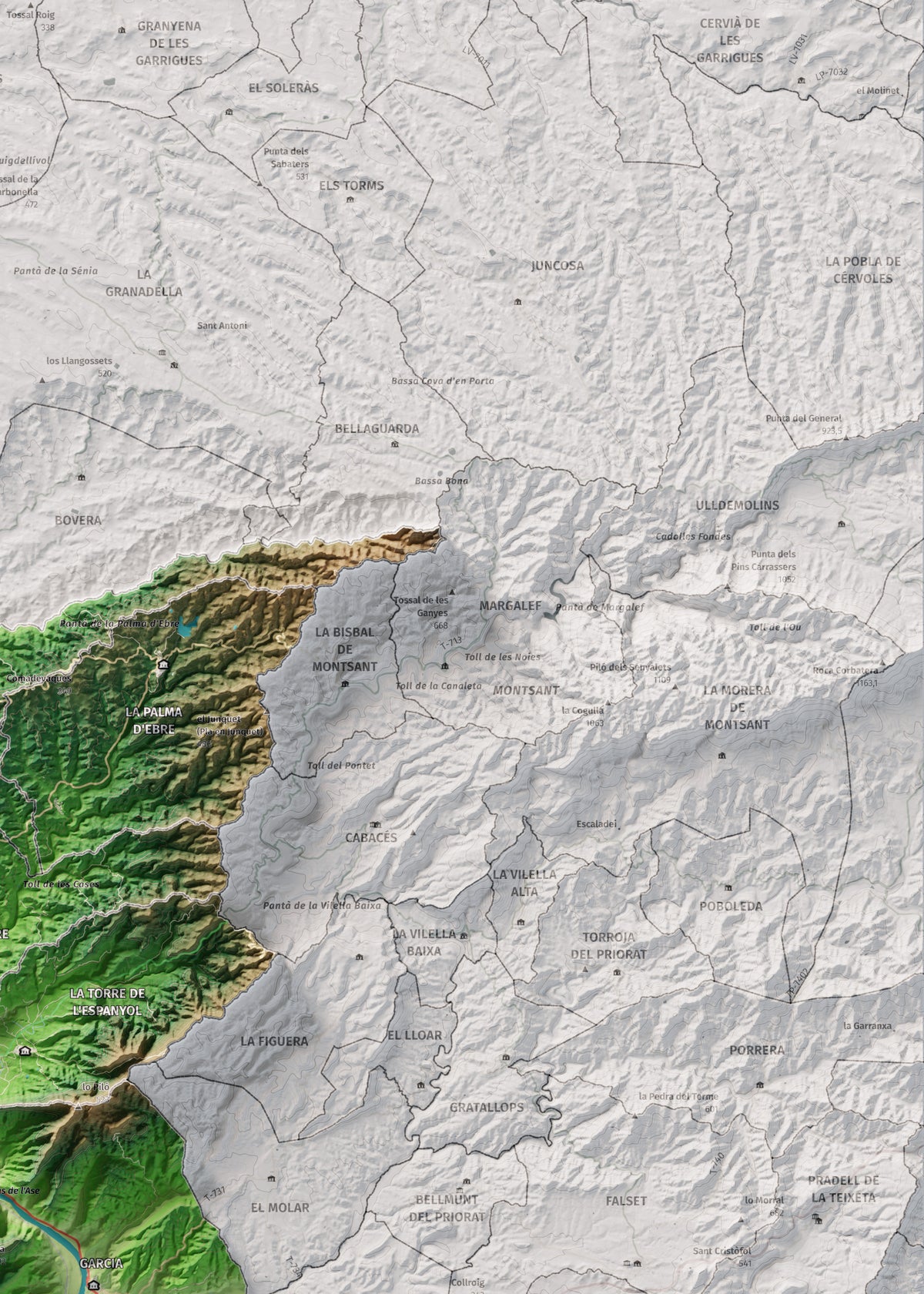 Mapa de relieve de la Ribera d’Ebre, con el territorio en color y el entorno en blanco. Detalle de la zona superior derecha. 50 × 70 cm. Estilo Clásico.