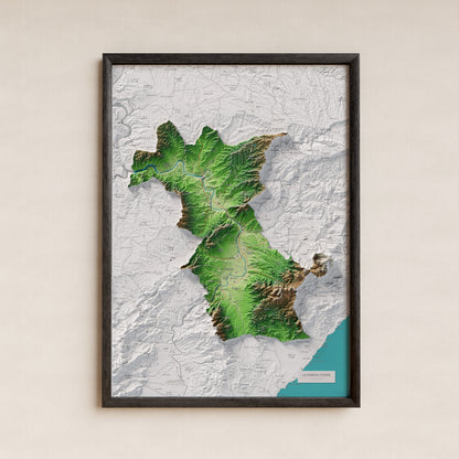 Mapa de relieve de la Ribera d’Ebre, con el territorio en color y el entorno en blanco. Presentación con marco. 50 × 70 cm. Estilo Clásico.
