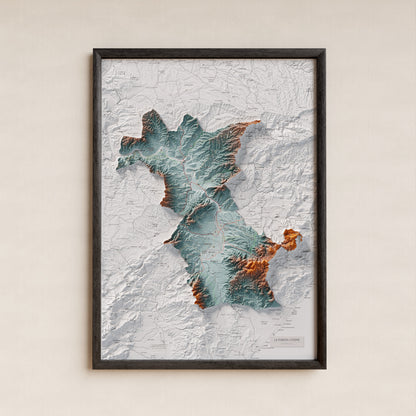 Mapa de relieve de la Ribera d’Ebre, con el territorio en color y el entorno en blanco. Presentación con marco. 50 × 70 cm. Estilo Azul y naranja.