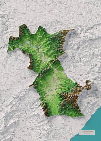 Mapa de relieve de la Ribera d’Ebre, con el territorio en color y el entorno en blanco. Vista completa de la lámina. 50 × 70 cm. Estilo Clásico.