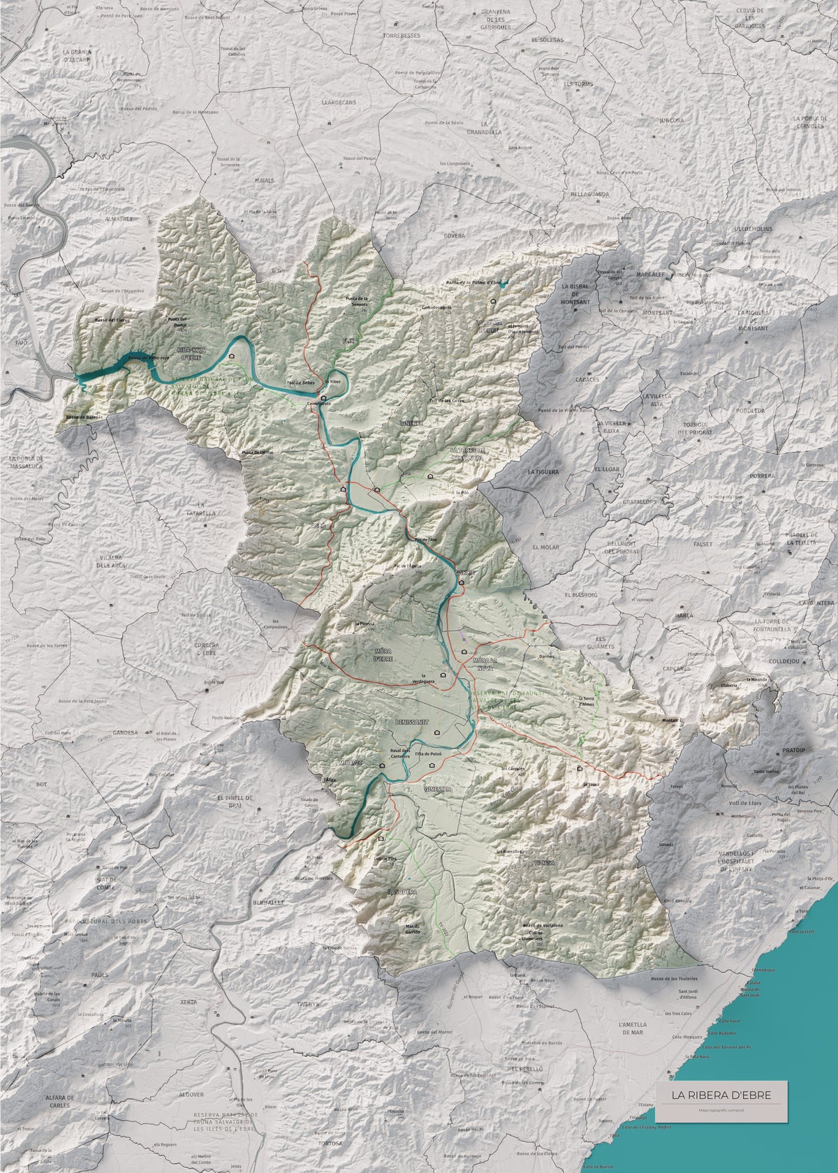 Mapa de relieve de la Ribera d’Ebre, con el territorio en color y el entorno en blanco. Vista completa de la lámina. 50 × 70 cm. Estilo Cartográfico.